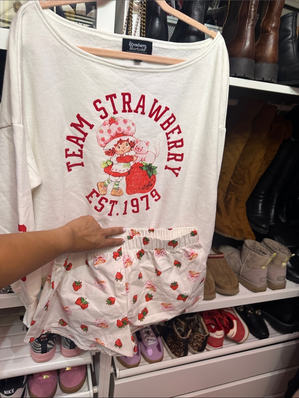 2 piece Strawberry Short Cake Lounge shorts and off the shoulder sweatshirt.